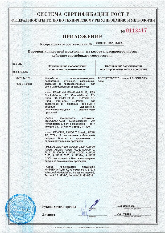 SIEGENIA, Приложение к сертификату соответствия